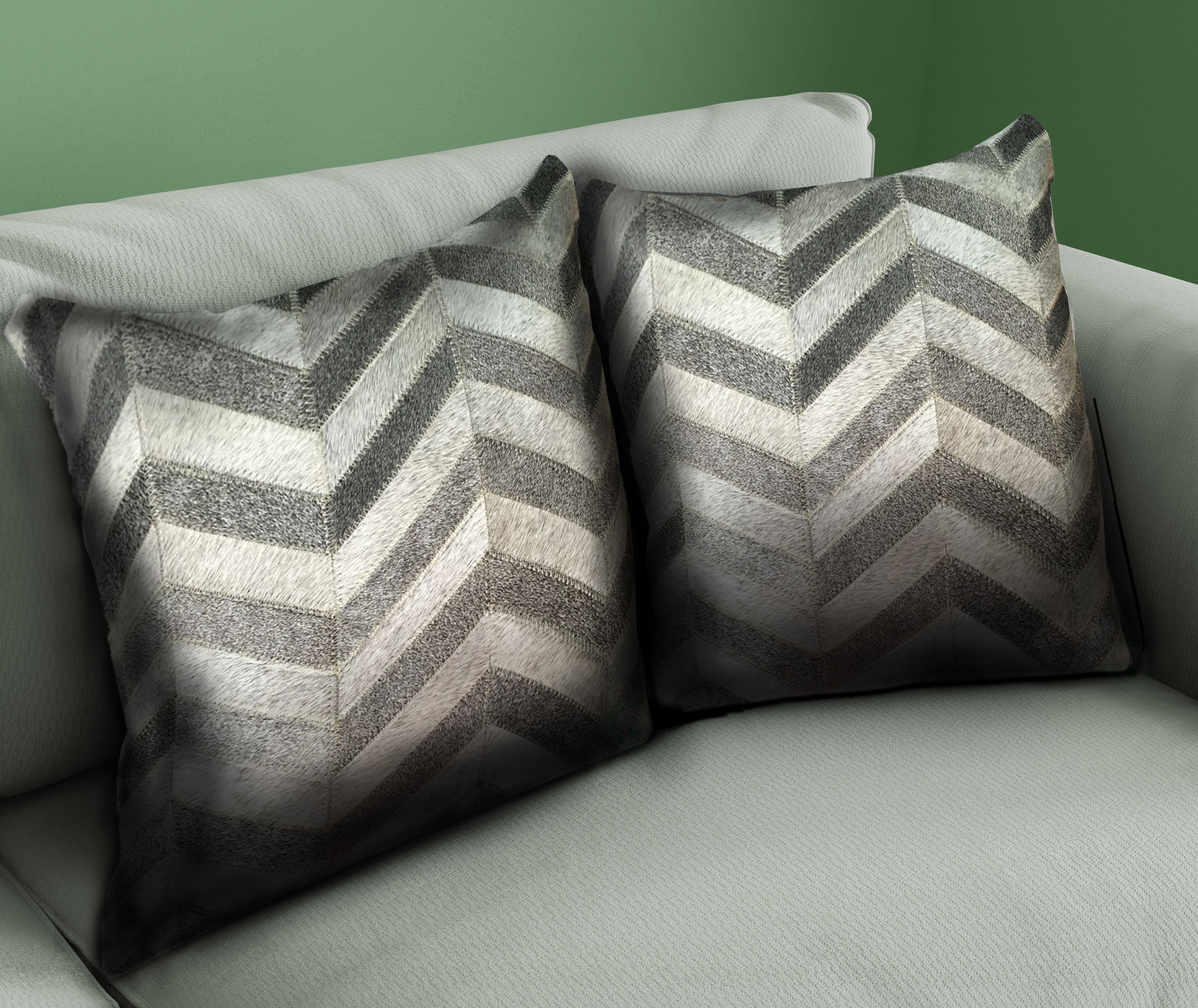 16 in. Brazilian Genuine Natural Leather High Quality Real Hair On Double Sided Cowhide Throw Pillow, Gray Chevron Design